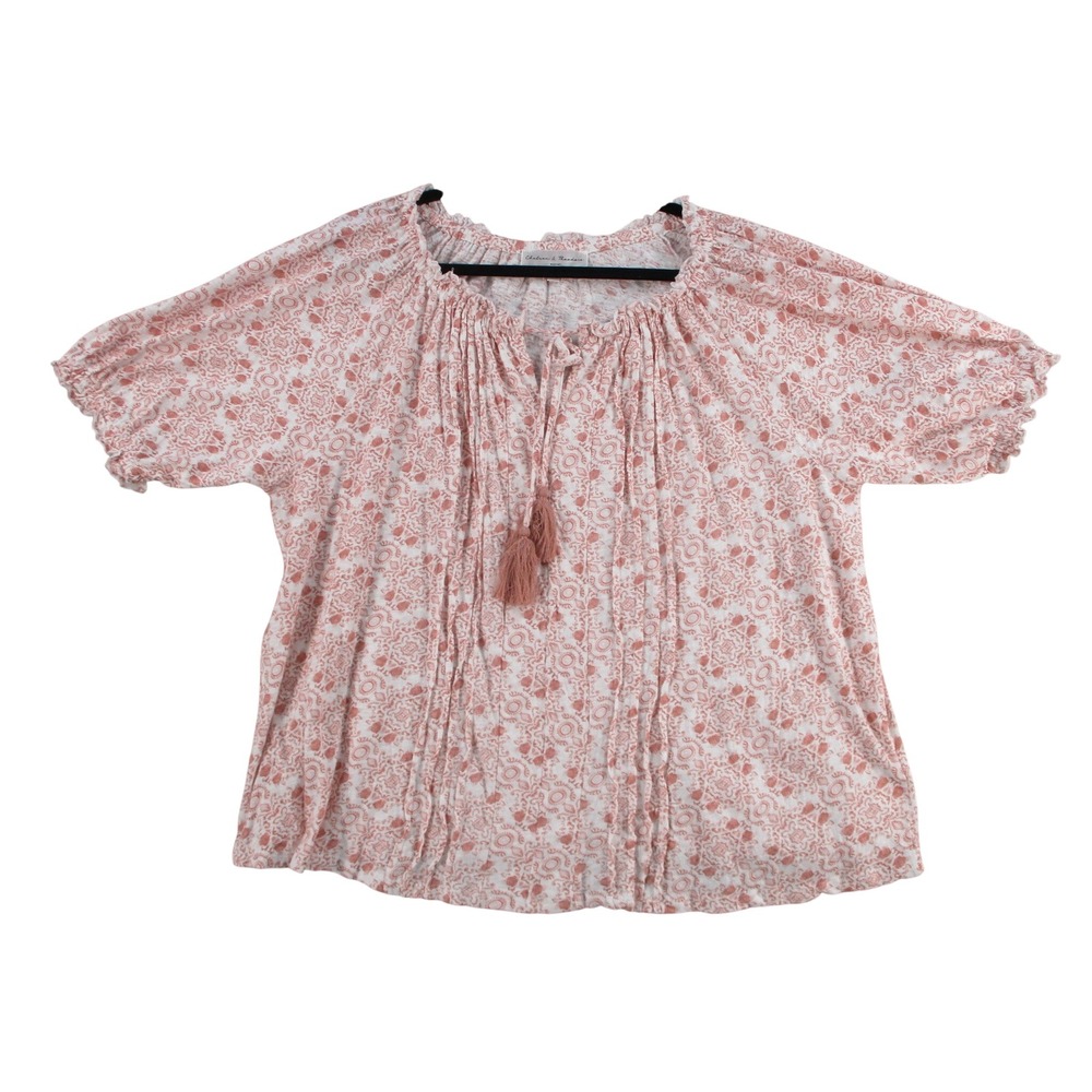 Chelsea & Theodore Woman Pink White Floral Tassel Tie Peasant Blouse 2X